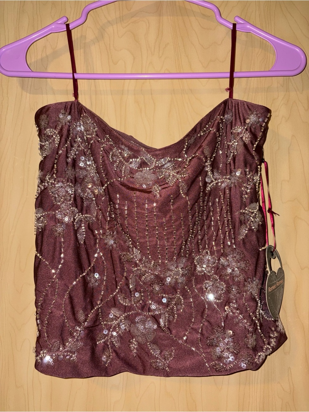 Sequin-Embellished Burgundy Crop Camisole Top - Women